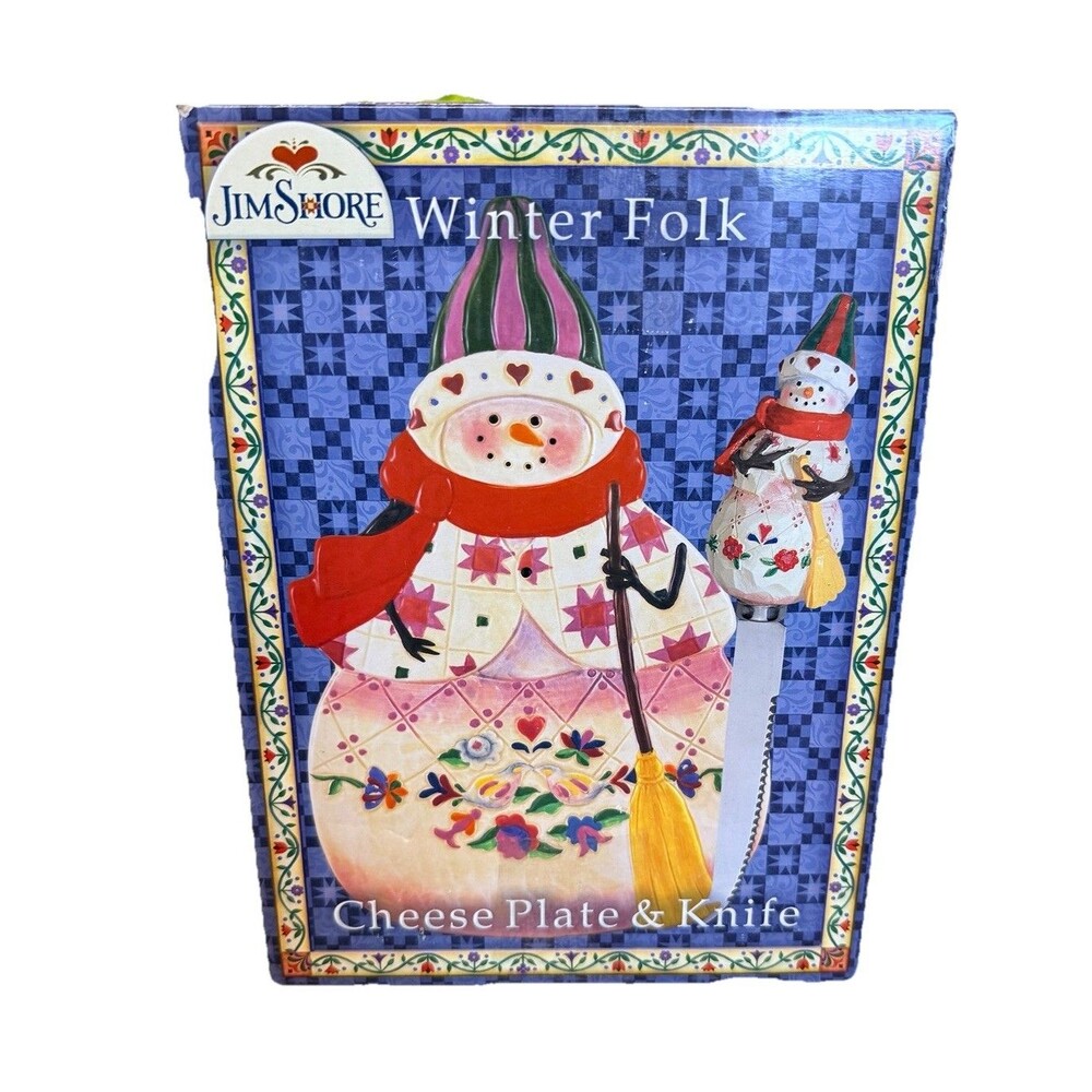 JIM SHORE "WINTER FOLK" SNOWMAN Cheese Plate & Knife Holiday Charcuterie Board